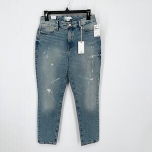 Good American Good Classic Distressed Straight Jeans NEW Sz 2 / 26 Stretch Blue